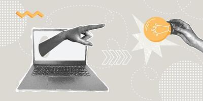 Trendy halftone collage Concept of online education,remote work, discussion, correspondence, brainstorming, new ideas. Notebook with hand and light bulb idea. Smart thinking and brainstorming. Modern vector