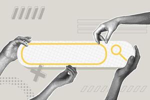 Whimsical halftone collage. The halftone arms support the dialog box. The concept of communication, correspondence. Modern template design. vector