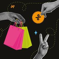 Trendy halftone collage. Image of hands with shopping. Trendy retro collage from 80s with SALE theme for design. Trendy modern retro illustration in mixed technique vector