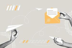 Fashionable halftone collage. Messaging concept, email communication, sharing information, discussing work points, brainstorming, finding a solution. Illustration for presentations, web banners vector