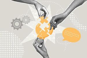 Modern halftone collage. Teamwork concept,collaborative idea development,employee participation concept,interaction to get a solution. Business creative illustration for web banner,marketing material vector