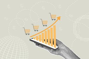 Trendy halftone collage. Online sales growth concept, increase volume, increase efficiency, sales program. Hand shows online sales growth graph on phone screen. Illustration for presentations, web vector