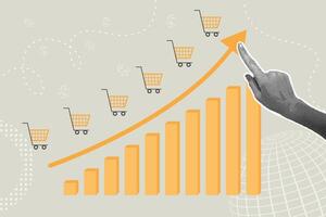 Trendy halftone collage. Concept for sales growth, increase volume , increase efficiency, sales program. Hand touching sales chart, to increase sales growth. Illustration for presentations vector
