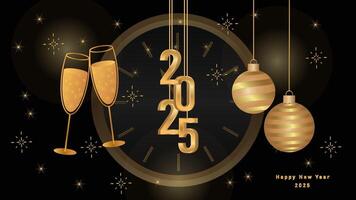 luxury happy new year 2025 poster, banner, card with golden 3d text light, firework, clock and glass background vector