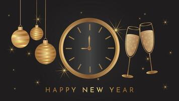 luxury happy new year poster, banner, card with golden 3d text light, firework, clock and glass background vector