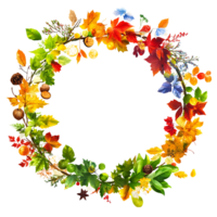 autumn wreath with leaves and acorns on transparent background png