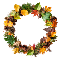 autumn wreath with leaves and pine cones on transparent background png