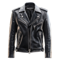 A black leather jacket with zippers on the sleeves png
