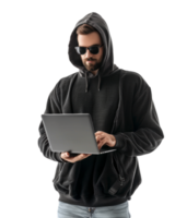 Man in hoodie using laptop computer isolated on transparent background png