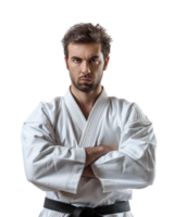 Serious Karate Fighter in White Uniform with Black Belt isolated on transparent background png