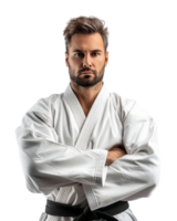 Portrait of a serious karate Athlete with a black belt isolated on transparent background png