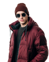 Young male in red jacket with sunglasses isolated on transparent background png