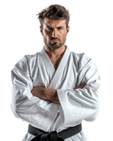 Man in white karate uniform with serious expression isolated on transparent background png