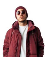 Young Man in red winter jacket with hands in pockets wearing sunglasses isolated on transparent background png