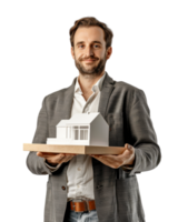 Happy man holding a model house isolated on transparent background png