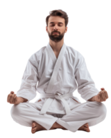 Man in white karate gi meditating isolated on transparent background png