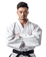 Young man in karate uniform with arms crossed with serious expression isolated on transparent background png