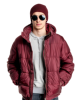 Man in red winter jacket with hands in pockets isolated on transparent background png