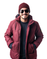 Man in red winter jacket with sunglasses isolated on transparent background png
