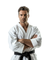 Confident karate fighter in white gi with black belt isolated on transparent background png