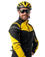Smiling Cyclist in Yellow and Black Cycling Gear isolated on transparent background png