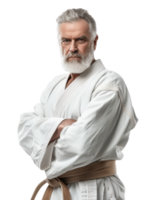 Senior Man in White Karate Gi with Brown Belt isolated on transparent background png