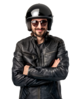 Motorcyclist in black jacket with crossed arms Isolated on transparent background png