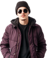 Young Man in red winter jacket with with sunglasses isolated on transparent background png