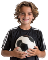 Smiling child holding a soccer ball Isolated on transparent background png