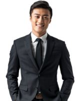 Smiling man in a dark suit with hands in pockets isolated on transparent background png