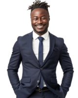 Young man in a blue suit with hands in pockets isolated on transparent background png