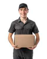 Delivery man holding a cardboard box isolated on transparent background png
