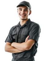 smiling young delivery boy in a work uniform isolated on transparent background png