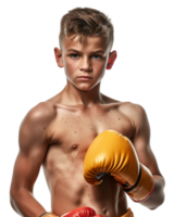 Confident boy with boxing gloves isolated on transparent background png