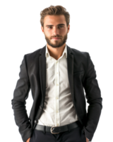 Smiling man in a black suit isolated on transparent background png