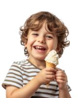 Cute smiling boy in a striped shirt with ice cream isolated on transparent background png