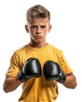 serious boy in a yellow shirt holding a boxing glove isolated on transparent background png