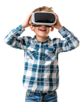 Child in a checkered shirt playing with a VR headset isolated on transparent background png