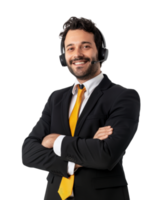 Smiling customer service agent in a suit with a yellow tie and headset isolated on a transparent background png