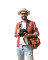 Photographer in a red jacket holding a camera isolated on a transparent background png