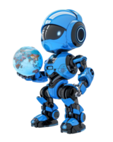 Blue Humanoid robot holding earth globe isolated on a transparent background png