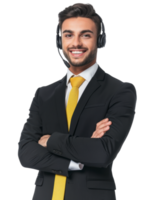 friendly customer support executive in a dark suit with headset isolated on a transparent background png