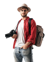 Traveler with backpack and camera wearing a hat isolated on a transparent background png