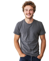 Happy Young Man in Gray T-shirt Isolated on Transparent Background png