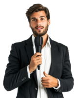 Young professional man holding a microphone isolated on a transparent background png