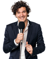 Smiling businessman with curly hair with microphone isolated on a transparent background png