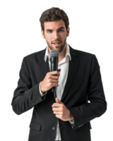 Businessman holding a microphone with a confident pose isolated on a transparent background png