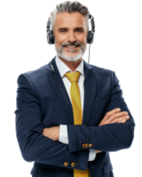 Senior customer support representative with gray hair and headset isolated on a transparent background png