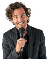 Smiling man with microphone isolated on a transparent background png