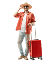 Adventurous traveler with a red suitcase and hat waving isolated on a transparent background png